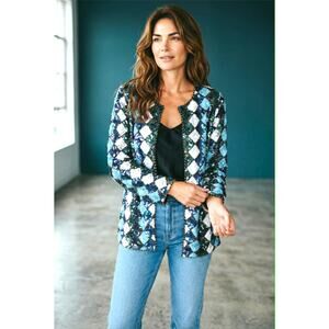 Vintage 1980s Sequin Silk Jacket Temptations M Beaded Blue White Evening India